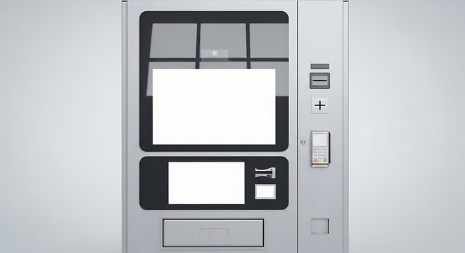 Vending machine front with blank display screens and card reader metallic gray finish snack drink