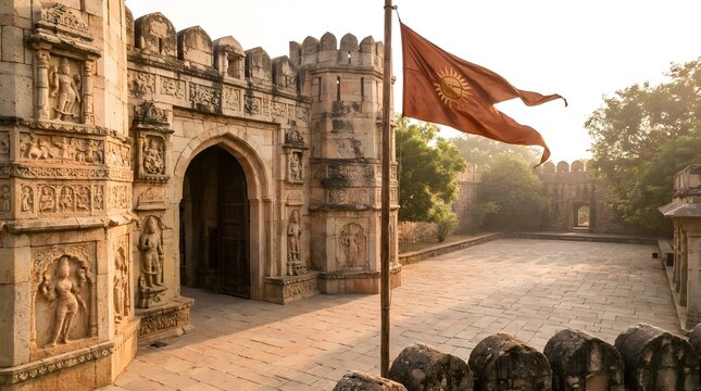 Saffron flag with sun emblem waving at ancient carved stone temple gate