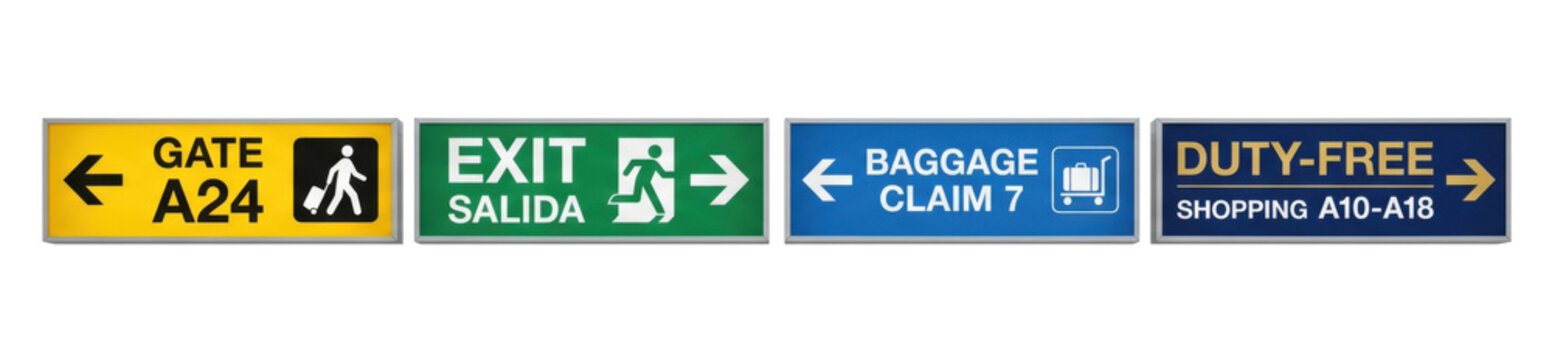 Airport set with four illuminated navigation signs in a row isolated on transparent background