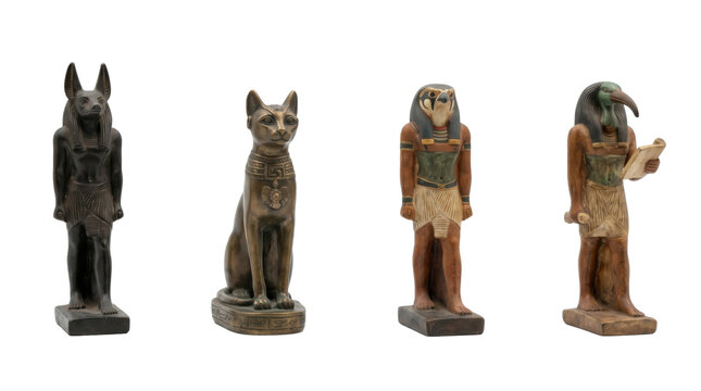 Mythology set featuring four ancient Egyptian god statues isolated on transparent background
