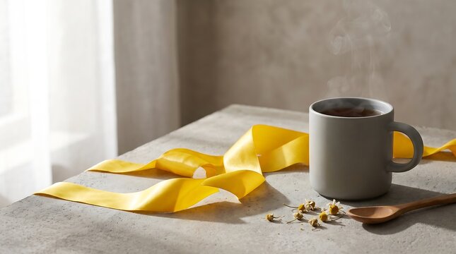 A warm cup of chamomile tea with a yellow ribbon on a stone table.