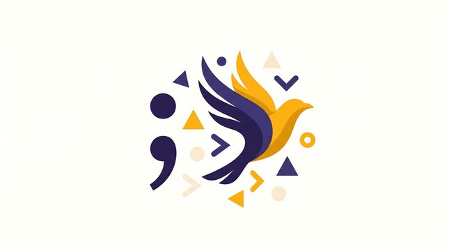 Abstract illustration featuring a flying bird with a semicolon symbol and geometric shapes.