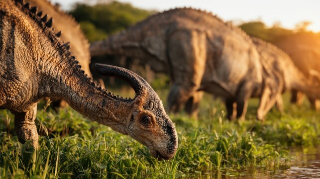 Close view of a parasaurolophus herd drinking at a lush riverbank during golden hour for prehistoric wildlife banner and nature background