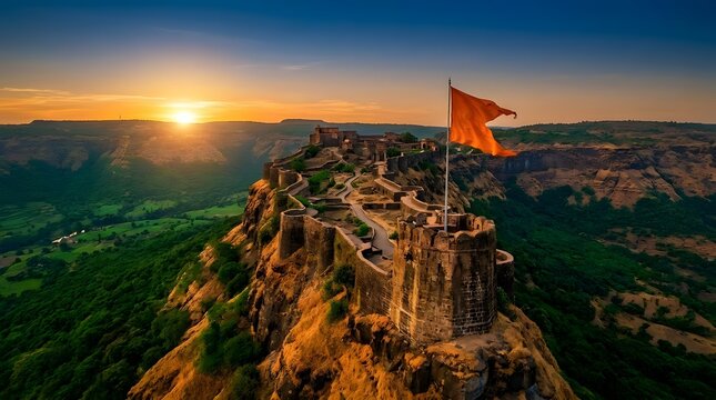 Saffron flag flying over a majestic ancient fort in India at sunrise