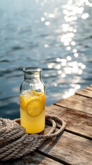 Fototapeta premium Glass bottle of fresh lemon drink on an aged wooden pier coiled with rope and sparkling sea bokeh for summer background and coastal poster design