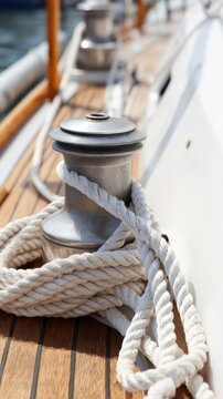 Sailboat deck winch with coiled rope on teak boards for marine banner background and nautical design