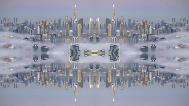 dubai with sea of clouds below the skyline made into abstract pattern