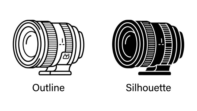 Camera Lens Outline and Silhouette: Two distinct representations of a camera lens, one as a detailed outline and the other as a solid silhouette, perfect for illustrating photography concepts.