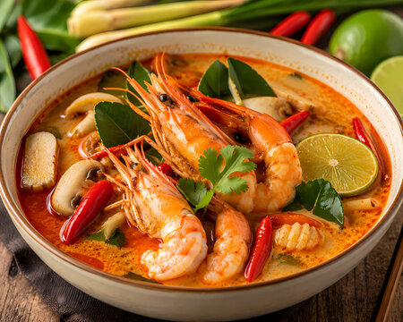 Authentic Tom Yum Goong Thai Spicy Shrimp Soup with Fresh Herbs