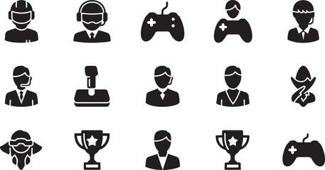 Esports gaming icons set, professional gamer and streamer avatars, 15 black solid vector symbols for video game competition and online streaming © Junaid