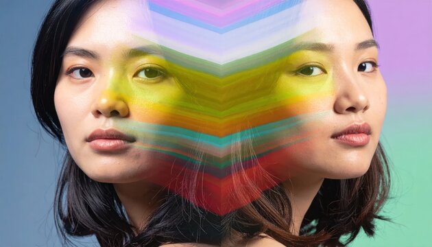 Double Exposure Portrait - Asian Woman with Vibrant Colors and Artistic Flair.
