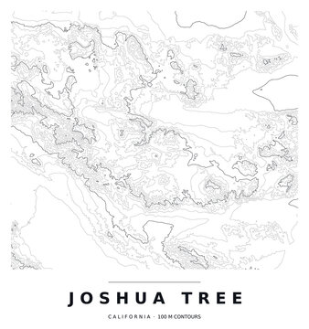 Joshua Tree National Park Contour Map, Black Lines, Editable Vector