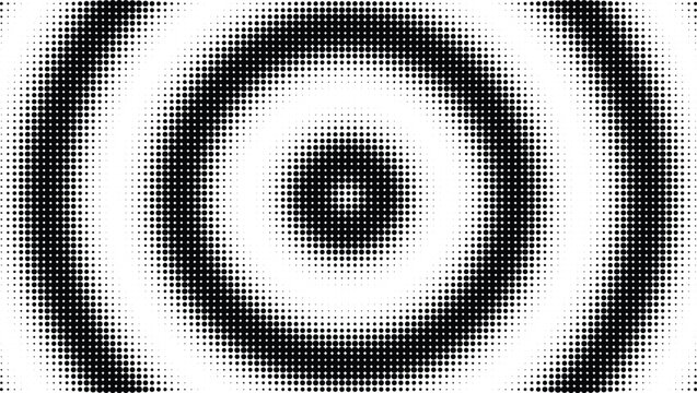 Black and white halftone dot pattern background, with concentric circular, rings creating a, radial ripple effect, of varying dot, density sizes