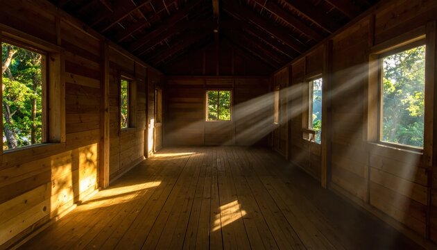Sunlight Streaming Through Windows of an Abandoned Wooden Building.