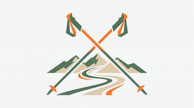 Minimalist vector logo design featuring crossed hiking poles and stylized mountain peaks with a winding trail.