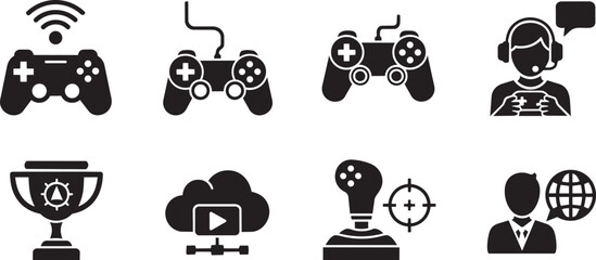 Video game icon set with 8 black glyph symbols, gaming controller and joystick vector elements, esports trophy and gamer character icons © Junaid