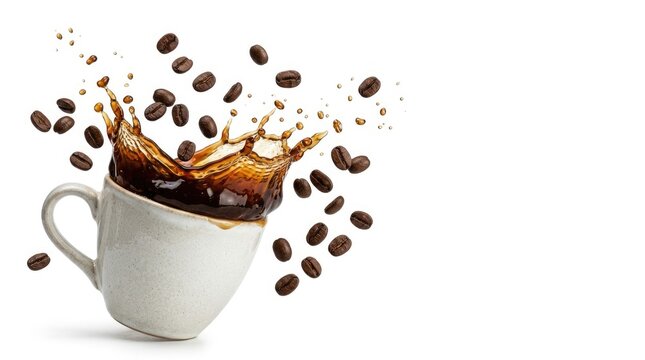 Spectacular splash of black coffee from white textured ceramic cup with flying beans