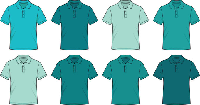 Green and Blue Men Polo Shirt Vector Technical Sketch Set with Teal Mockups for Fashion Apparel Design Branding and Clothing Tech Pack Templates