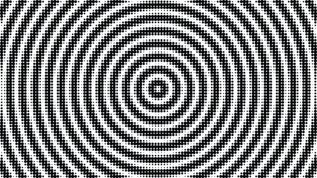 Black and white halftone dot pattern background, with concentric circular, rings creating a, radial ripple effect, of varying dot, density sizes