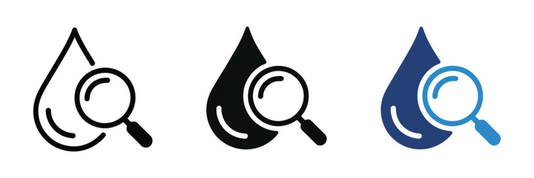 Water research icon set with magnifying glass and liquid analysis symbols