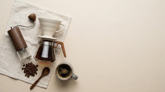 High angle flat lay of minimalist slow bar brewing set with wooden manual hand grinder with copy space