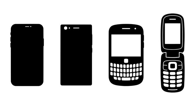 Evolution of Mobile Phones, Silhouette Icons: Smartphone, Feature Phone, Flip Phone, Vintage Cell