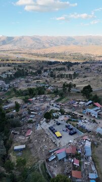 4K Aerial Drone: Destroyed adobe house after an earthquake in Pumpunya, Chongos Alto, Huancayo. Structural collapse in rural Andes, Peru.