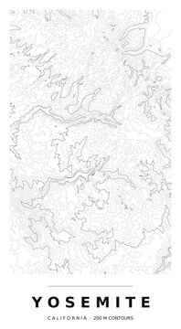 Yosemite National Park Topographic Contour Map, Editable Black Vector