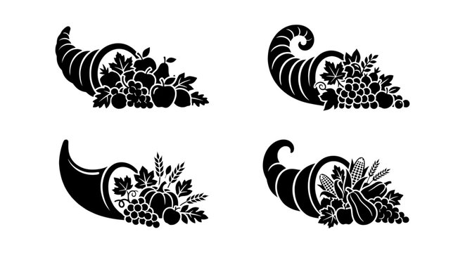 Cornucopia Vector Icons: Harvest Bounty, Autumn Fruits, Grapes, Pumpkins, Thanksgiving Symbols