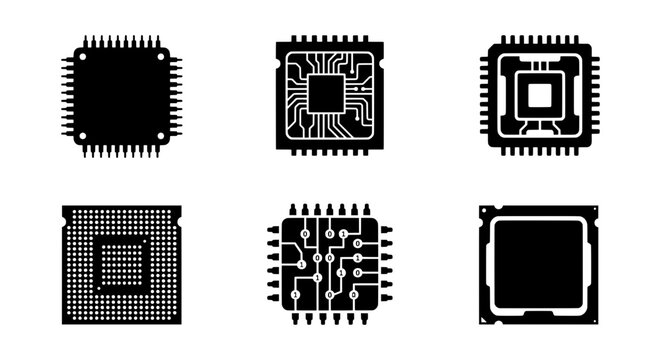 Computer Chip Icons Set, Microprocessor Vector Graphics, Electronic Component Silhouettes, Technology Symbols