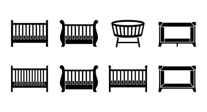 Baby Crib Icons Set, Infant Bed Collection, Newborn Bassinet Graphics, Nursery Furniture Vector
