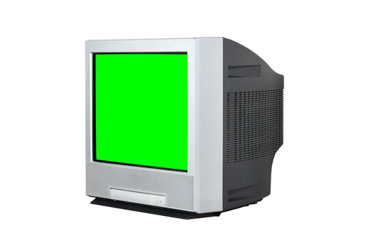 Silver vintage green screen TV for adding new images to the screen. Isolated on white background.