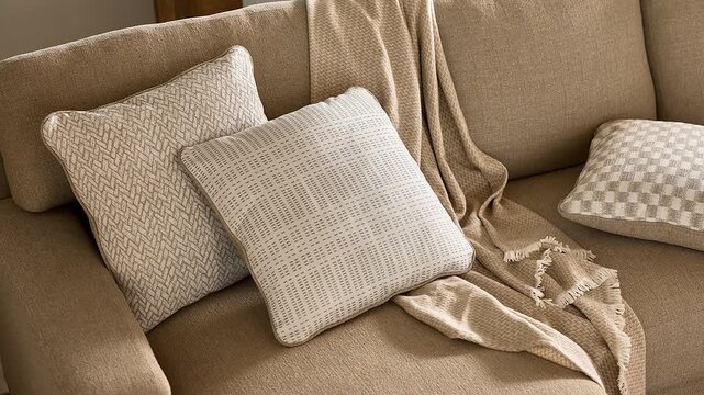 Slow zoom in on two accent pillows arranged on a brown fabric sofa with a throw blanket in a professionally staged living room