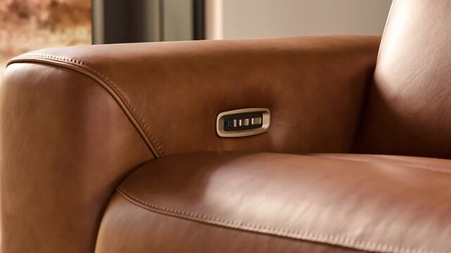 Slow zoom in close-up of a brass power recliner control panel mounted on a brown leather sofa, highlighting modern furniture functionality