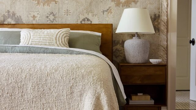 Slow zoom in on a farmhouse-style bed corner featuring layered linen bedding, a wooden frame, grey and cream lamp, nightstand, and decorative wallpaper.