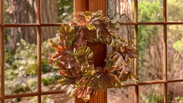 Slow zoom out of a fall leaf wreath viewed from the side on a window with a forest landscape and front yard visible in the background