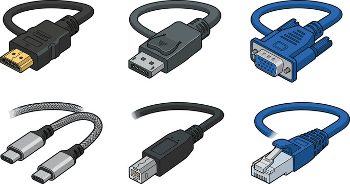Computer Cable and Video Port Connector Vector Icon Set Featuring HDMI, DisplayPort, VGA, Type-C, USB-B, and Ethernet RJ45 Plugs for Digital Hardware Network and Multimedia Designs