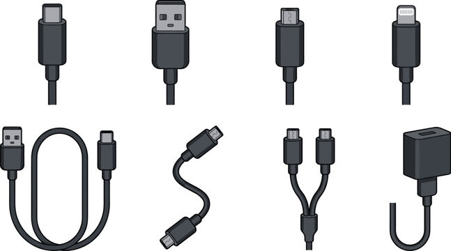 USB Cable and Connector Type Vector Icon Set Featuring Type-C, USB-A, Micro USB, Lightning Plugs, Splitters, and Adapters for Digital Hardware and Technology Interface Designs