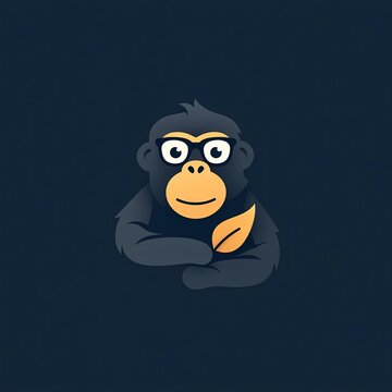Minimalist Smart Monkey Mascot Wearing Glasses with Golden Leaf Symbol