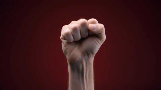 Fist Raised Symbolizing Strength Unity and Protest on Red Background