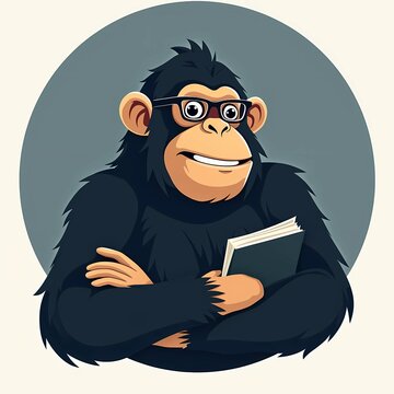 Clever Smart Monkey Character Wearing Glasses Holding a Book