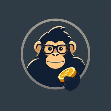 Smart Chimpanzee Mascot Logo Wearing Glasses Holding Gold Coin