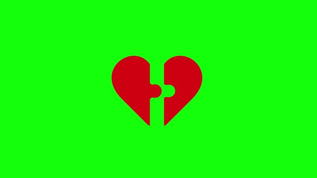 Two red heart-shaped puzzle pieces float gently on a solid bright lime green background in vibrant cartoon vector style.