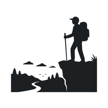 Silhouette of a hiker standing on a mountain cliff with backpack vector illustration, mountain,  hike