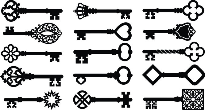 Collection of various vintage and ornate key silhouettes in black isolated on a white background, for projects