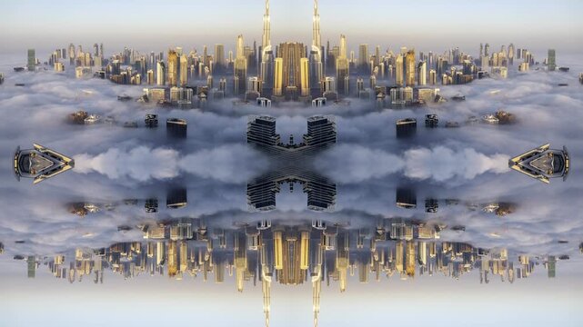 dubai with sea of clouds below the skyline made into abstract pattern