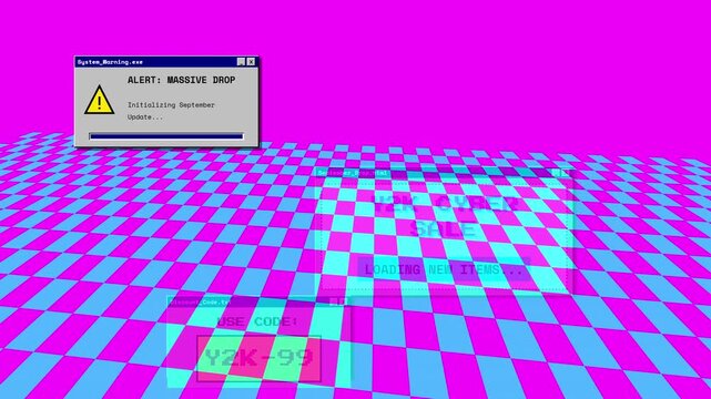 Retro Y2K computer animation with alert pop-ups on a digital grid