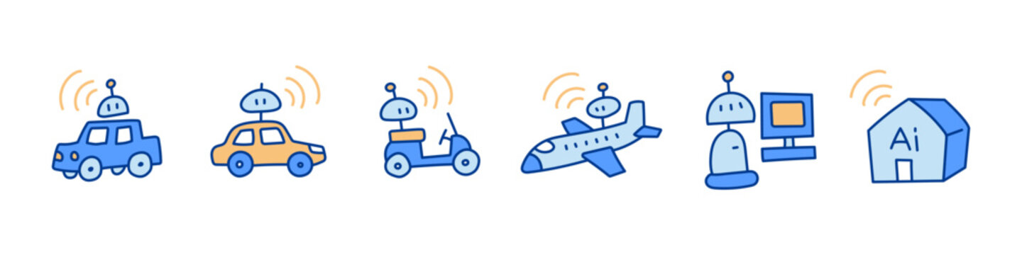 Transportation AI robot doodle set. It includes autonomous, vehicle, technology, and artificial intelligence vector illustrations.