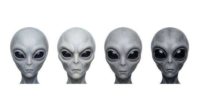 Sci-fi set with four grey alien heads in a row isolated on transparent background.