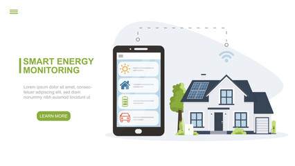 Smart energy monitoring concept with mobile app, solar house and connected devices for home automation and efficiency. smart home energy system. for eco-friendly house management. Vector illustration © Megane Ad